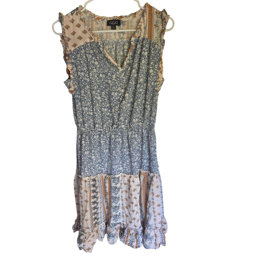 GIGIO USA Women Blue Floral Mixed Print Boho Mini Dress Smocked Waist Small